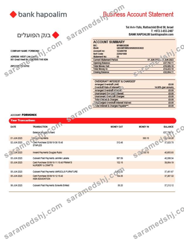 Bank Hapoalim firm account statement Word and PDF template